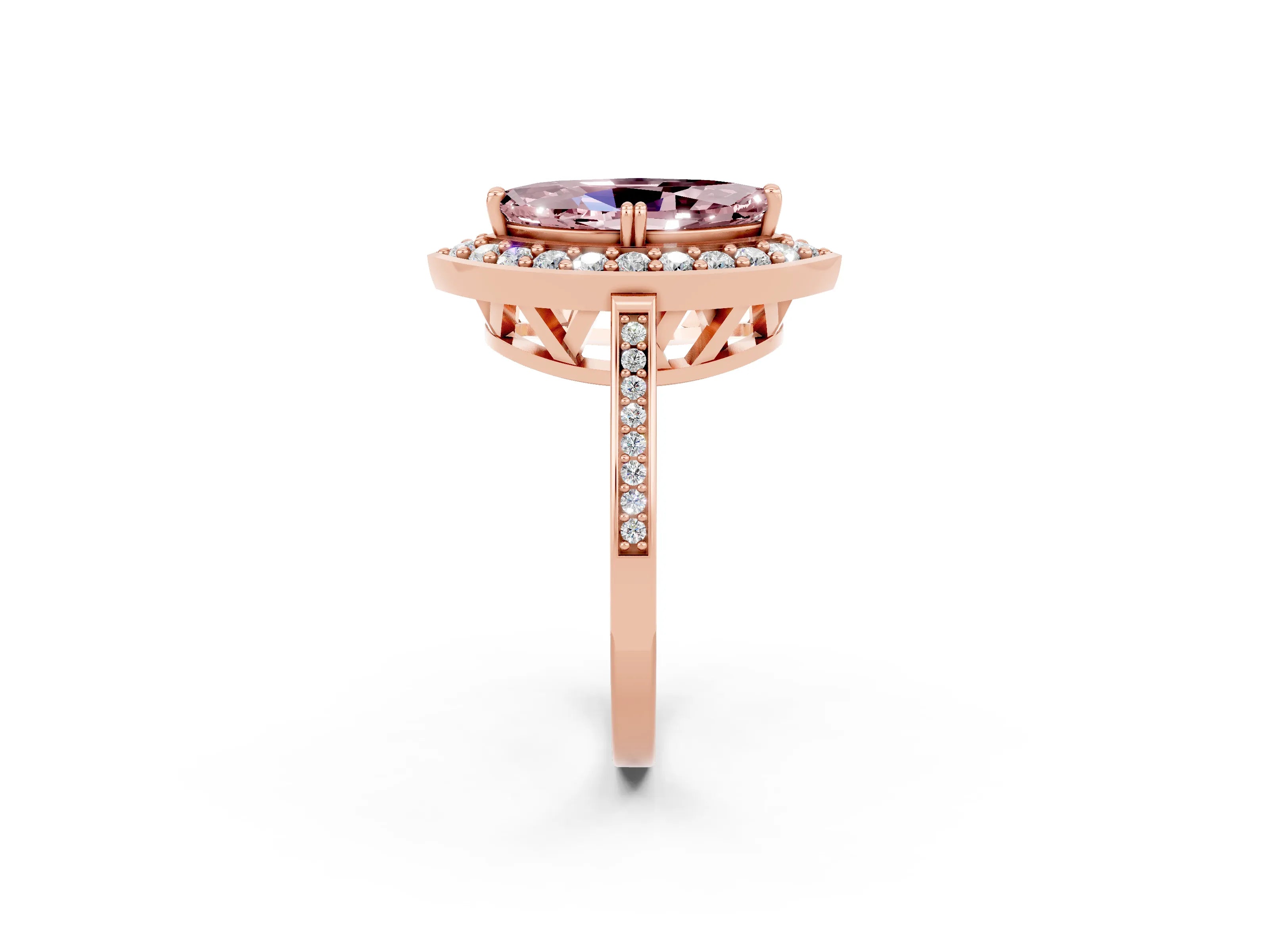 Rose gold Marquise Cut Morganite Halo Ring with Split Shank and Four-Prong Setting_2