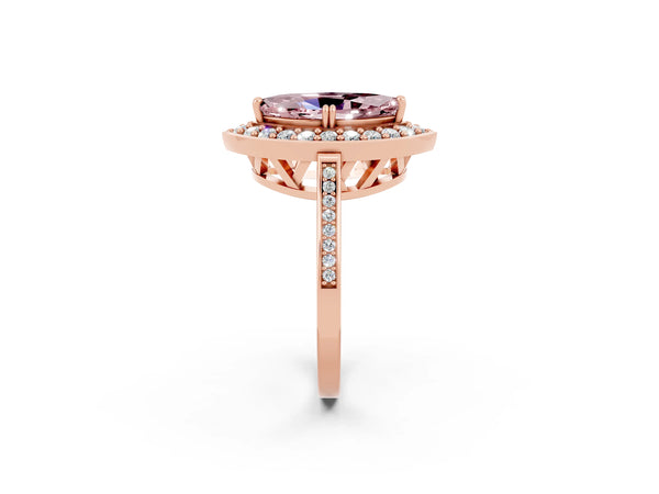 Rose gold Marquise Cut Morganite Halo Ring with Split Shank and Four-Prong Setting