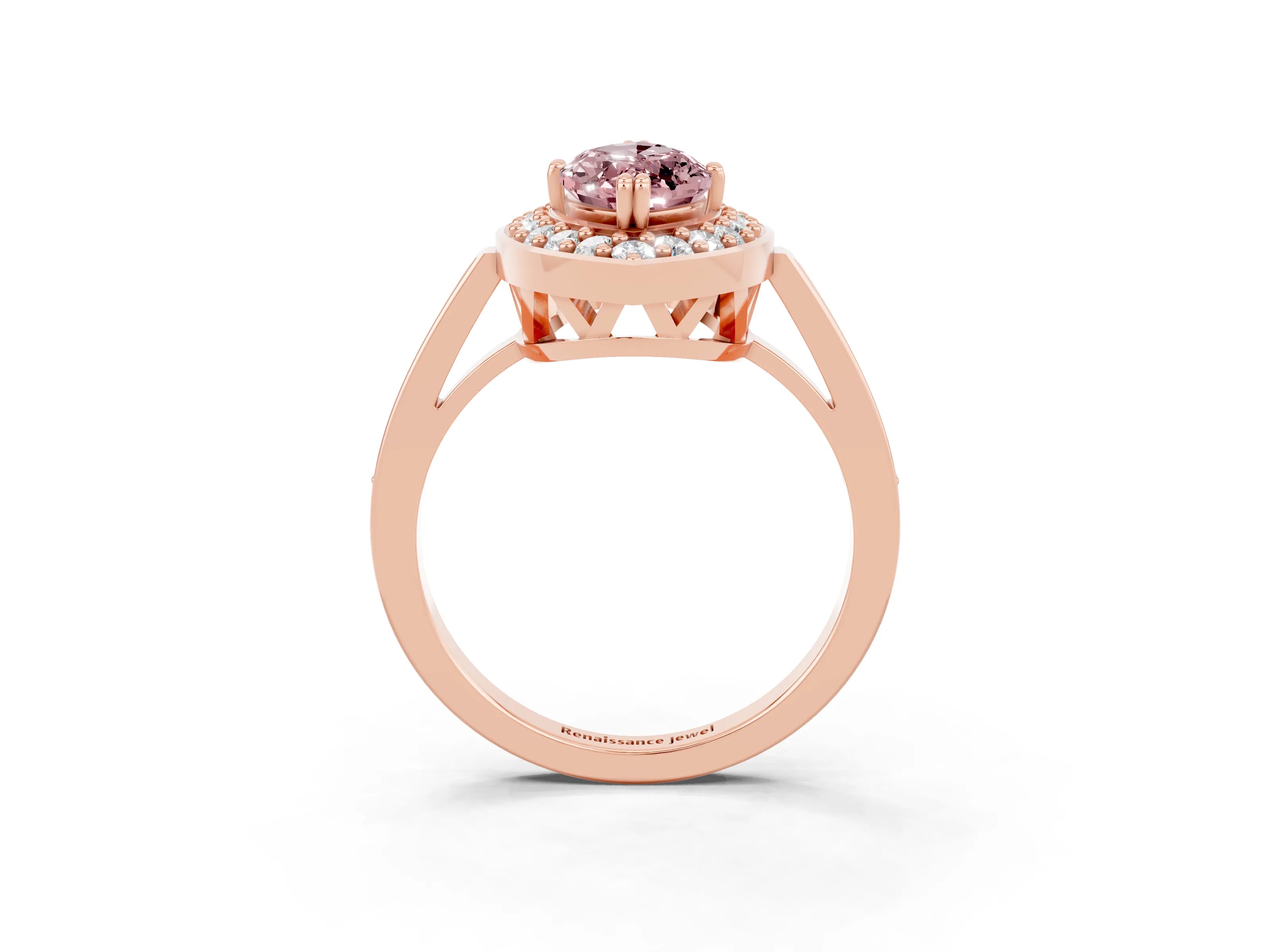 Rose gold Marquise Cut Morganite Halo Ring with Split Shank and Four-Prong Setting_3