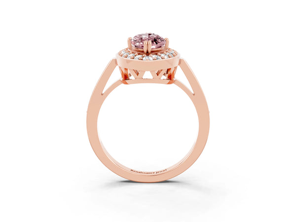 Rose gold Marquise Cut Morganite Halo Ring with Split Shank and Four-Prong Setting