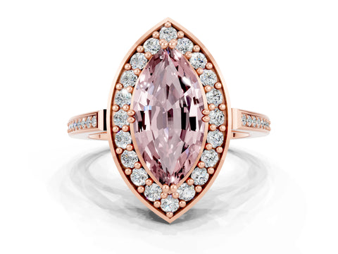 Rose gold Marquise Cut Morganite Halo Ring with Split Shank and Four-Prong Setting