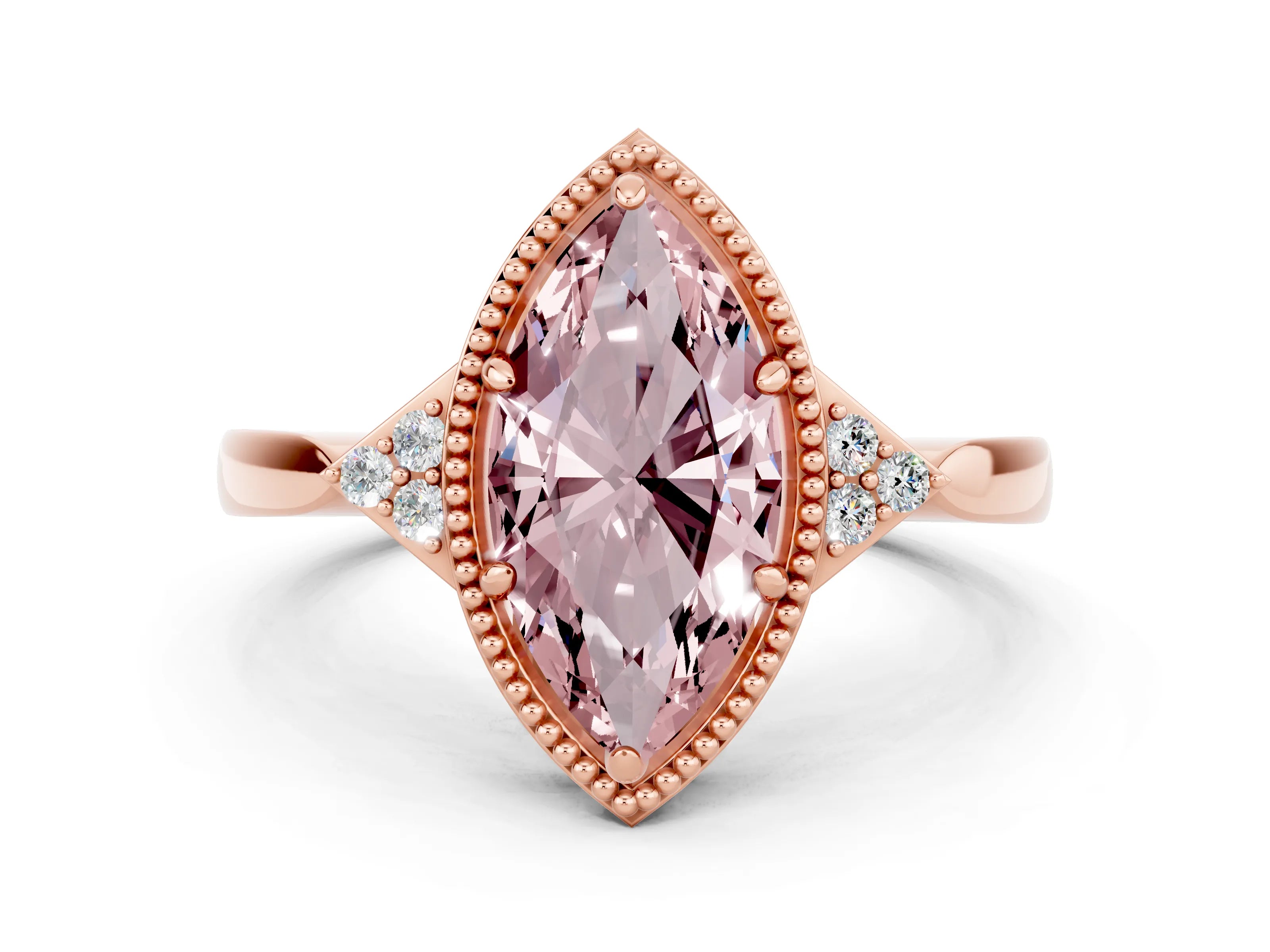 Rose gold Marquise Cut Morganite Halo Ring with Tapered Band and Four-Prong Setting
