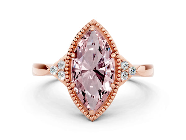 Rose gold Marquise Cut Morganite Halo Ring with Tapered Band and Four-Prong Setting