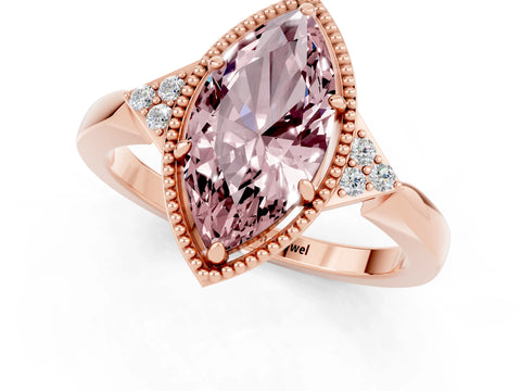 Rose gold Marquise Cut Morganite Halo Ring with Tapered Band and Four-Prong Setting_1