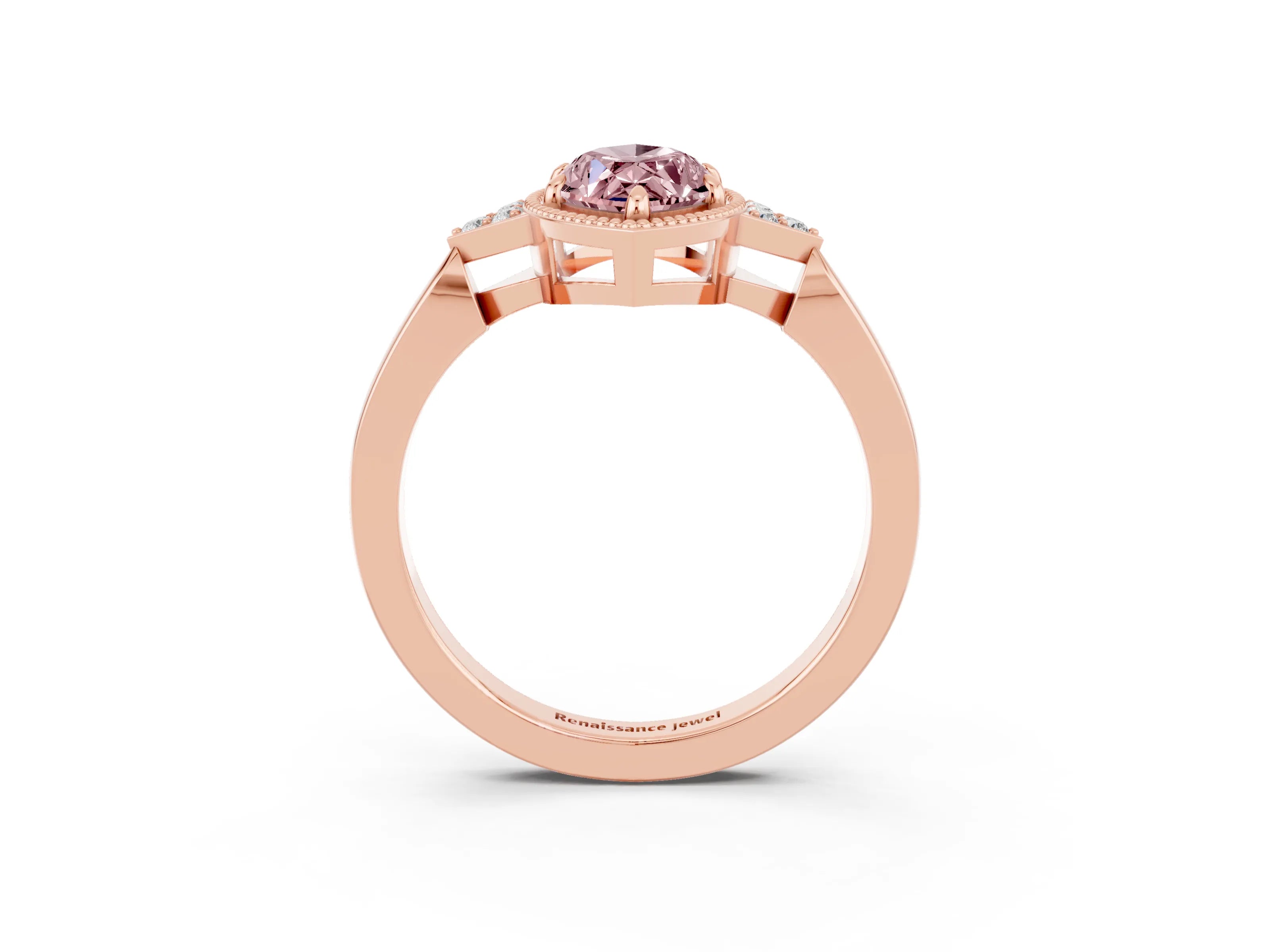 Rose gold Marquise Cut Morganite Halo Ring with Tapered Band and Four-Prong Setting_3