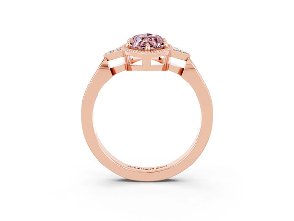 Rose gold Marquise Cut Morganite Halo Ring with Tapered Band and Four-Prong Setting