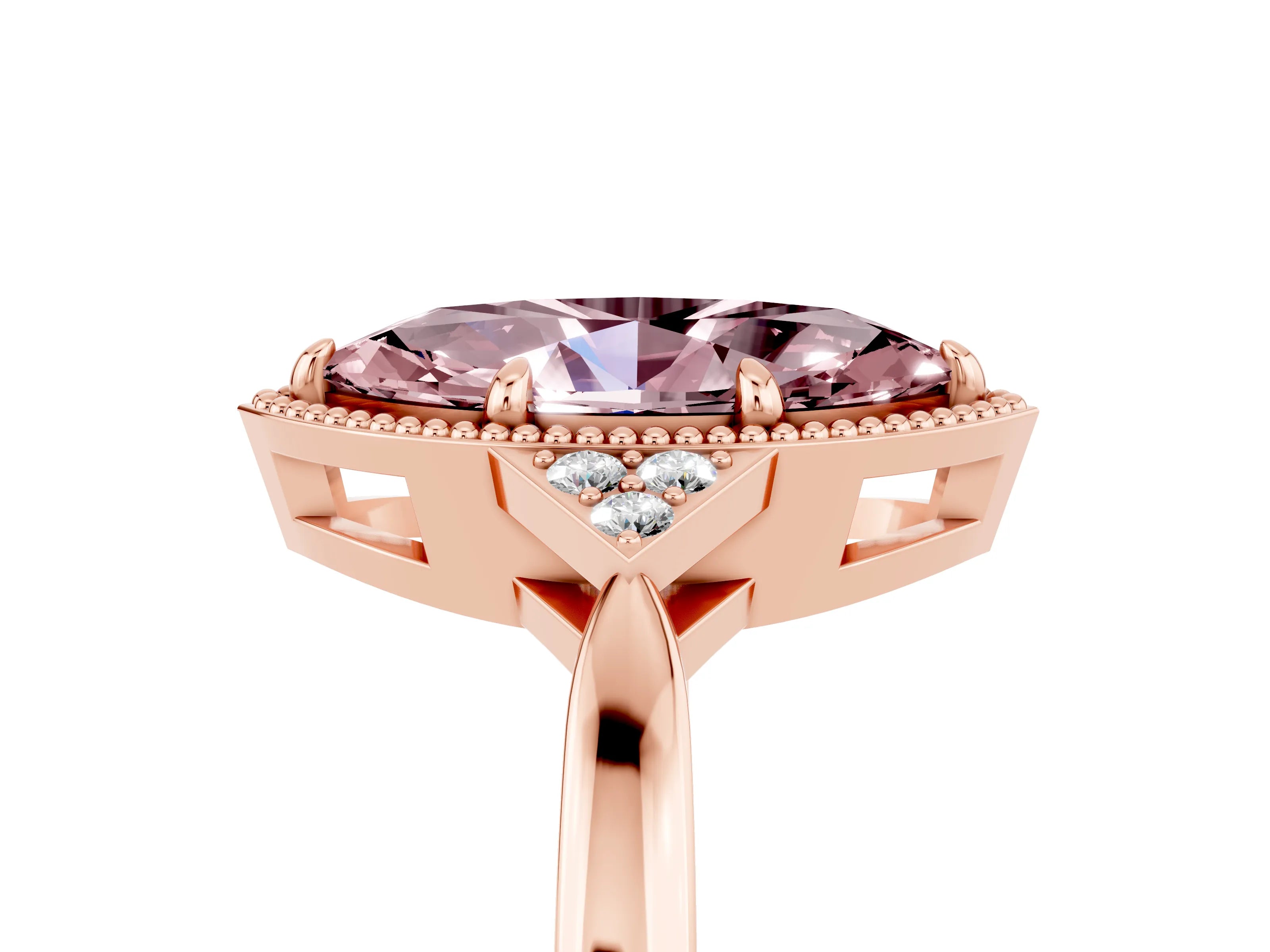 Rose gold Marquise Cut Morganite Halo Ring with Tapered Band and Four-Prong Setting_5
