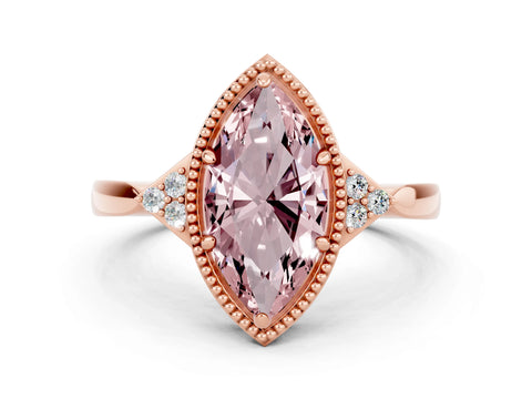 Rose gold Marquise Cut Morganite Halo Ring with Tapered Band and Four-Prong Setting