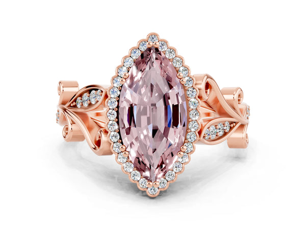 Rose gold Marquise Cut Morganite Halo Ring with Vintage Split Shank and Four-Prong Setting