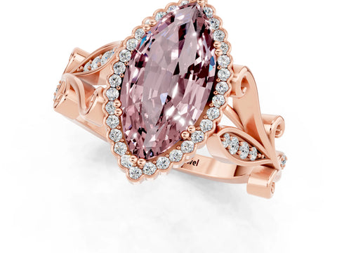 Rose gold Marquise Cut Morganite Halo Ring with Vintage Split Shank and Four-Prong Setting_1