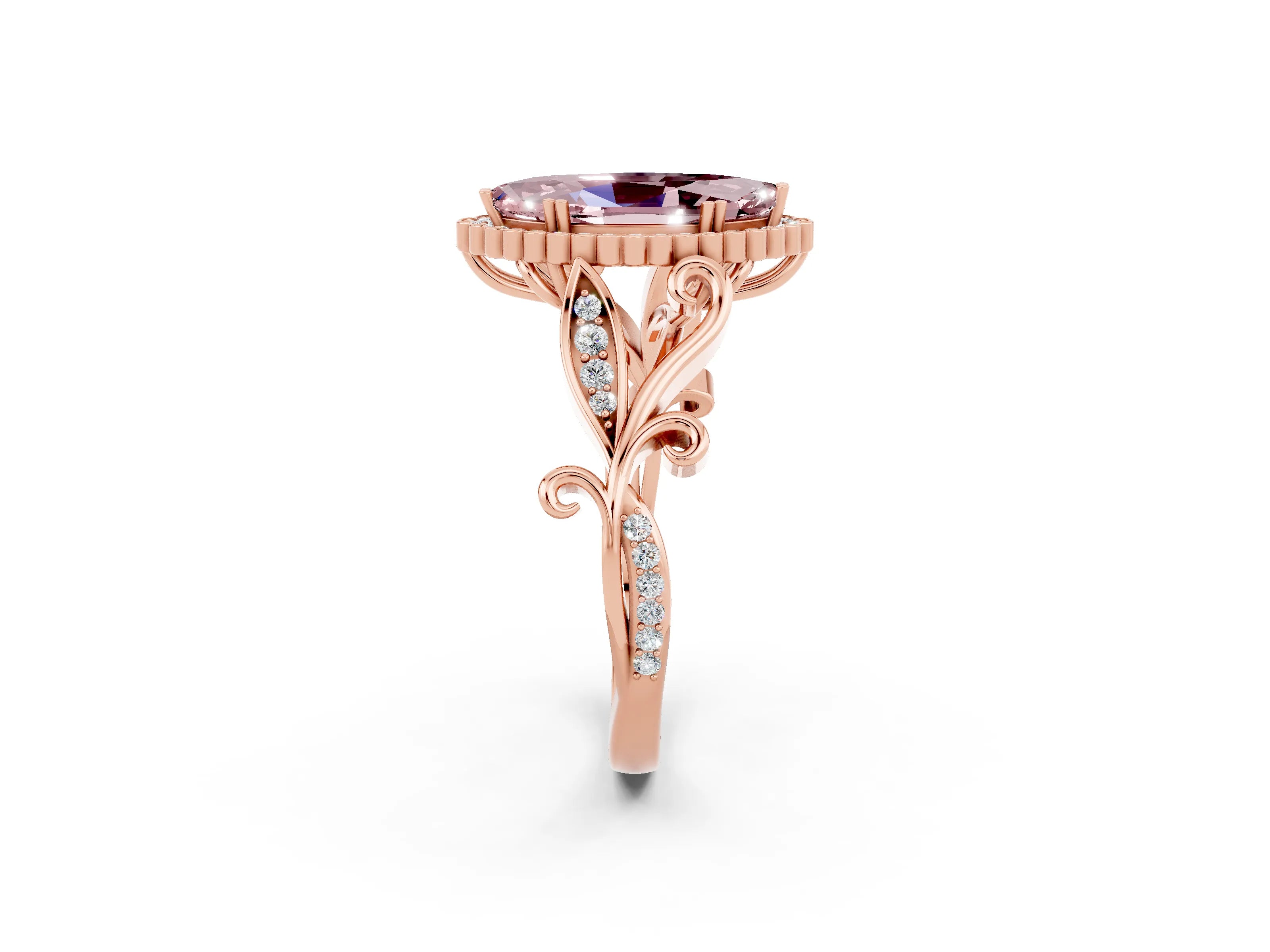Rose gold Marquise Cut Morganite Halo Ring with Vintage Split Shank and Four-Prong Setting_2