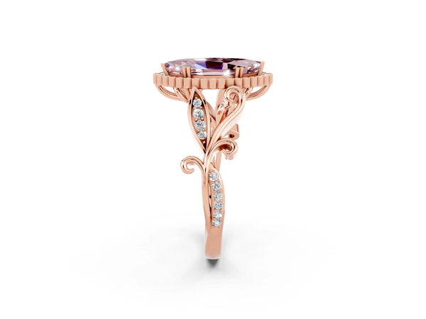 Rose gold Marquise Cut Morganite Halo Ring with Vintage Split Shank and Four-Prong Setting