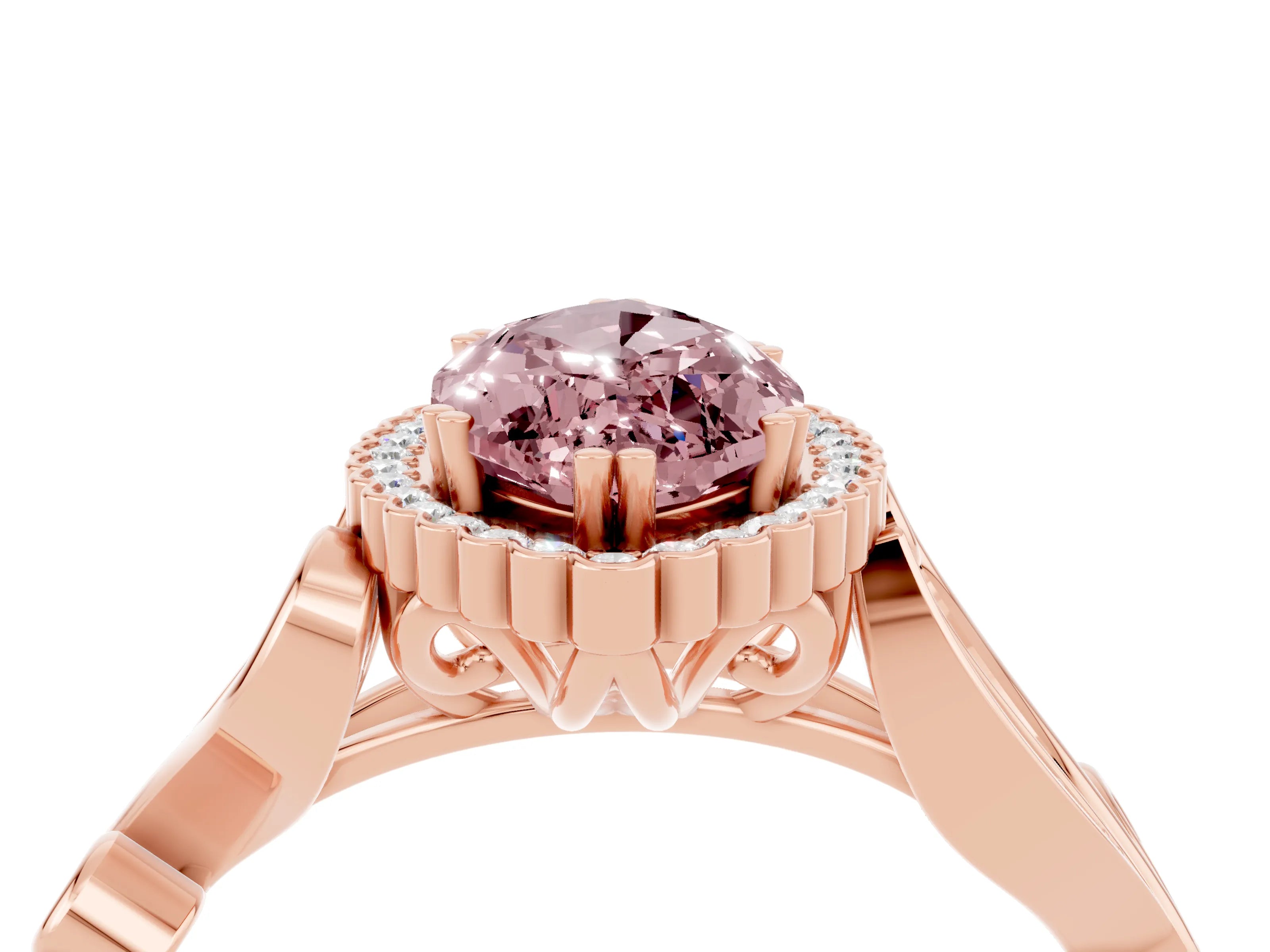 Rose gold Marquise Cut Morganite Halo Ring with Vintage Split Shank and Four-Prong Setting_4