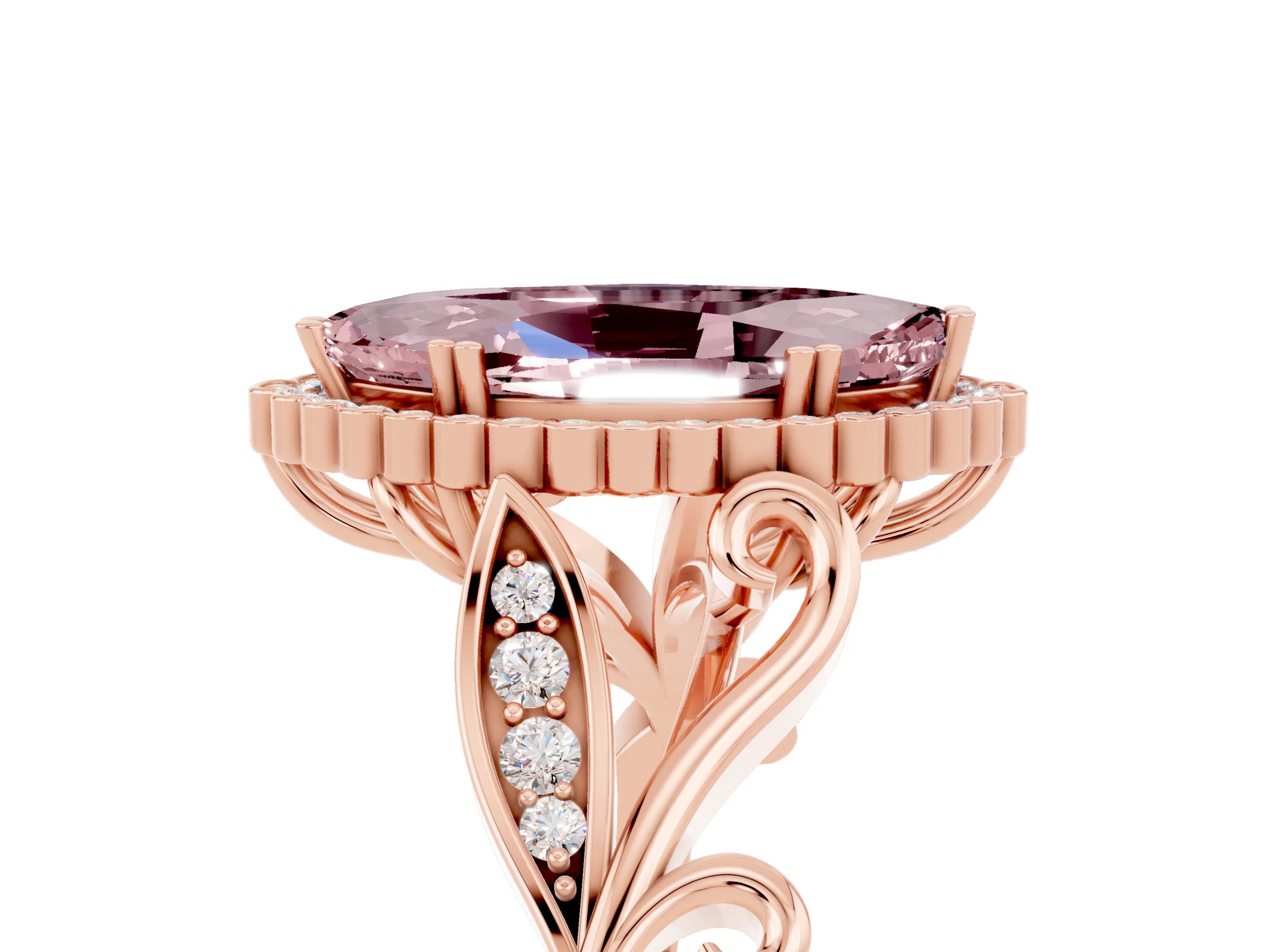Rose gold Marquise Cut Morganite Halo Ring with Vintage Split Shank and Four-Prong Setting_5