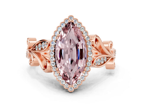 Rose gold Marquise Cut Morganite Halo Ring with Vintage Split Shank and Four-Prong Setting