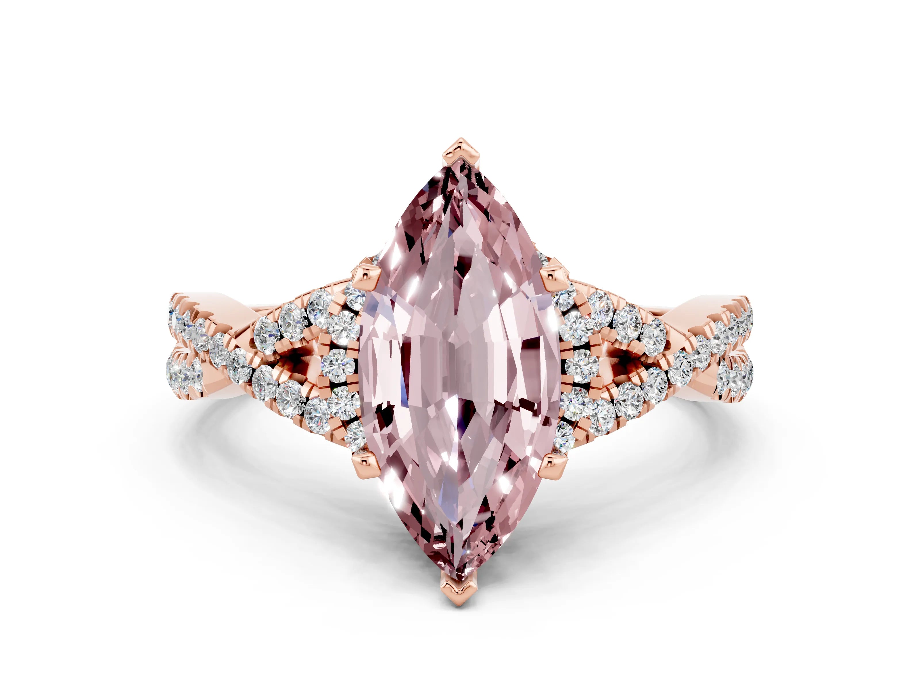 Rose gold Marquise Cut Morganite Halo Twist Band Solitaire Prong Setting Ring
