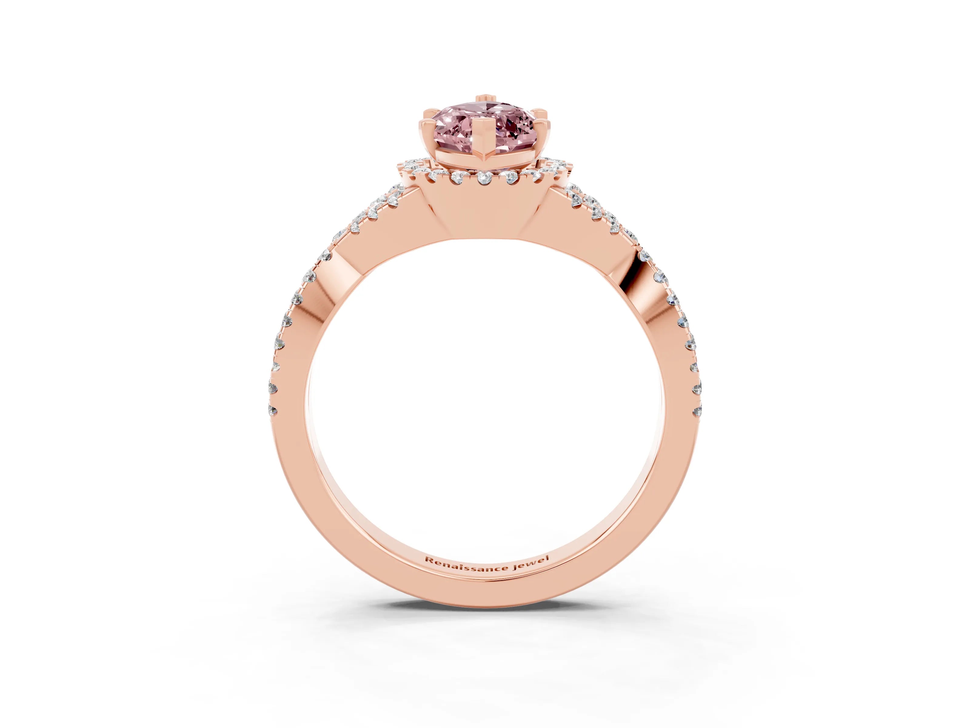 Rose gold Marquise Cut Morganite Halo Twist Band Solitaire Prong Setting Ring_3
