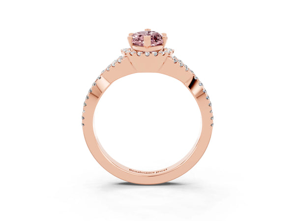 Rose gold Marquise Cut Morganite  Halo Twist Band Solitaire Prong Setting Ring