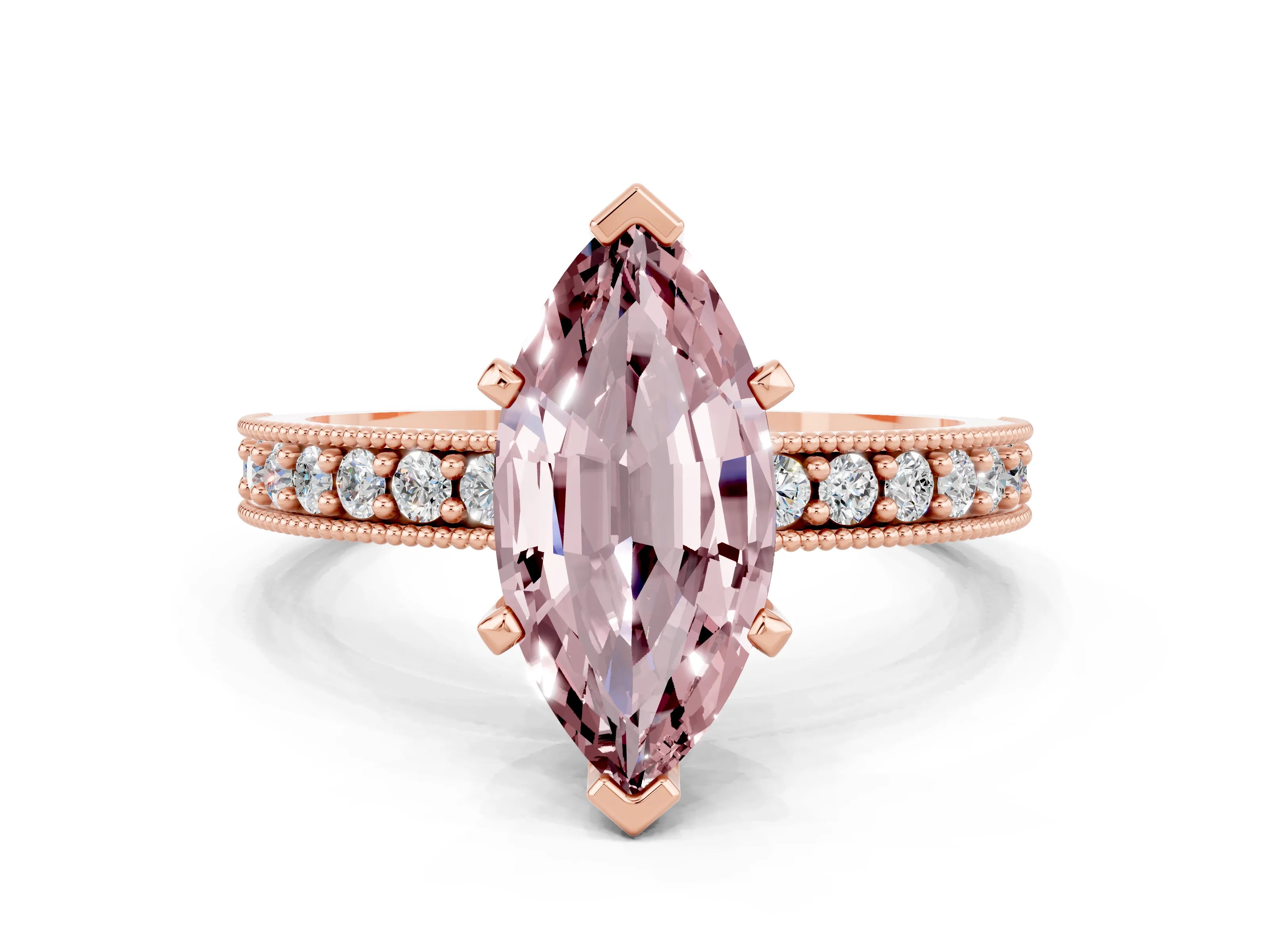 Rose gold Marquise Cut Morganite Milgrain Pavé Engagement Ring with Four-Prong Setting