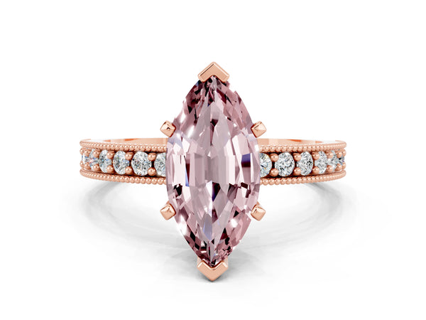 Rose gold Marquise Cut Morganite Milgrain Pavé Engagement Ring with Four-Prong Setting