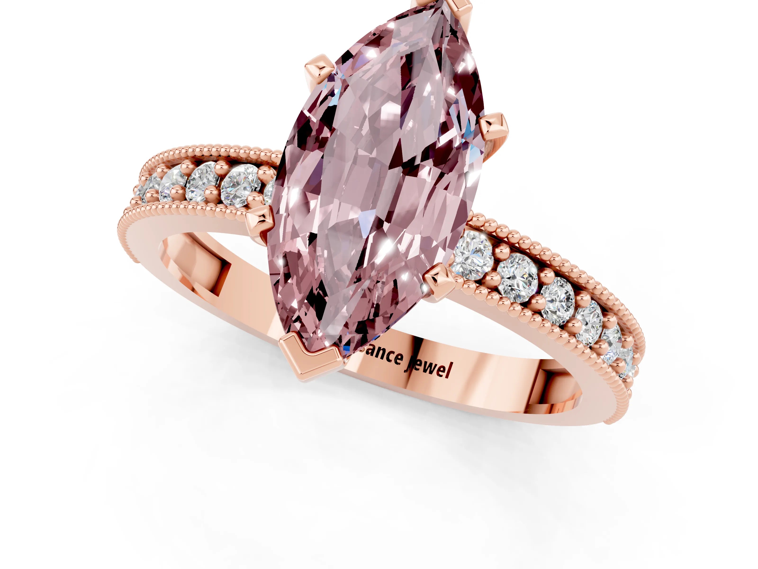 Rose gold Marquise Cut Morganite Milgrain Pavé Engagement Ring with Four-Prong Setting_1