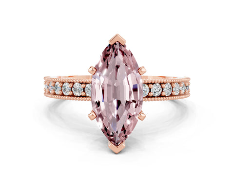 Rose gold Marquise Cut Morganite Milgrain Pavé Engagement Ring with Four-Prong Setting