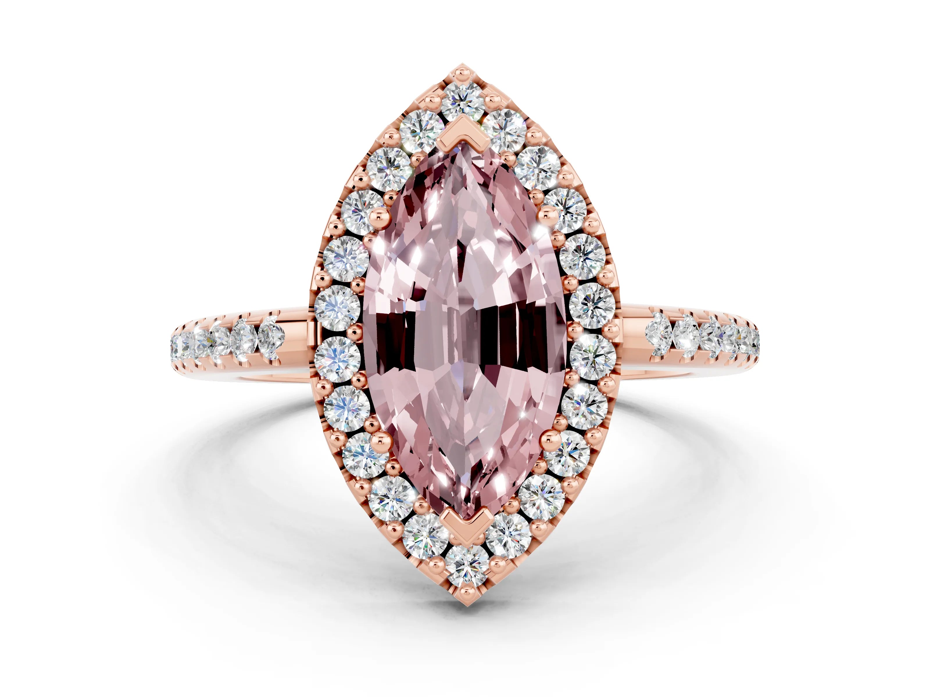 Rose gold Marquise Cut Morganite Pavé Halo Ring with Four-Prong Setting_12