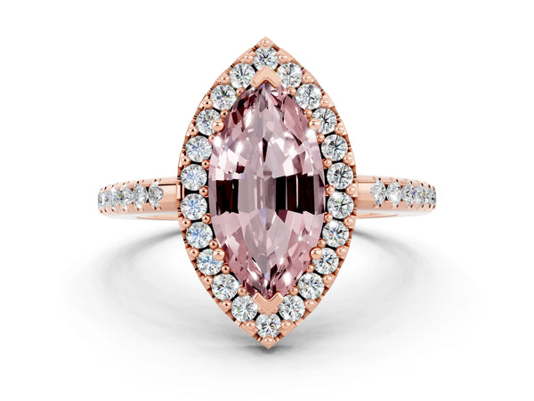 Rose gold Marquise Cut Morganite Pavé Halo Ring with Four-Prong Setting