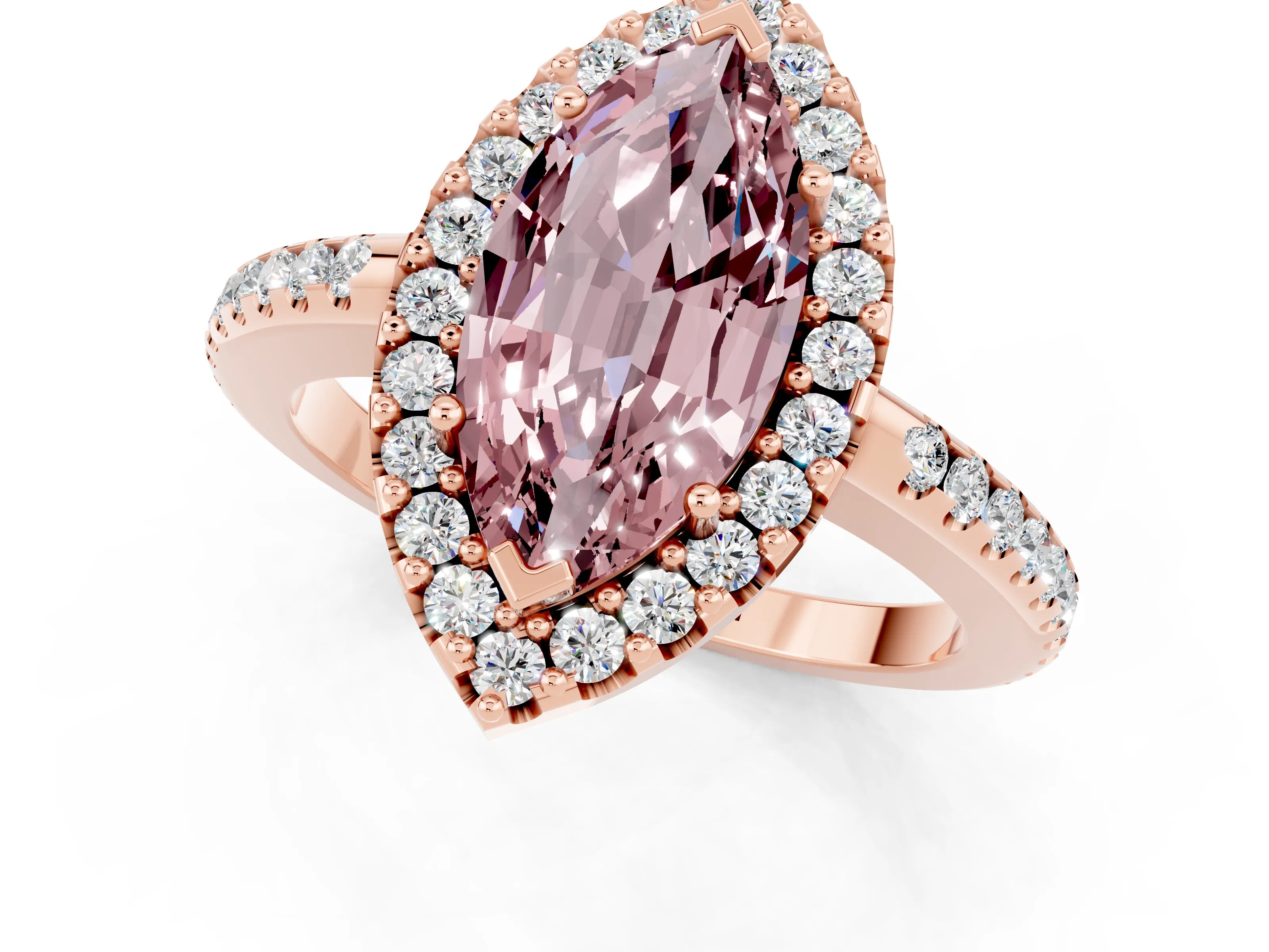Rose gold Marquise Cut Morganite Pavé Halo Ring with Four-Prong Setting_13