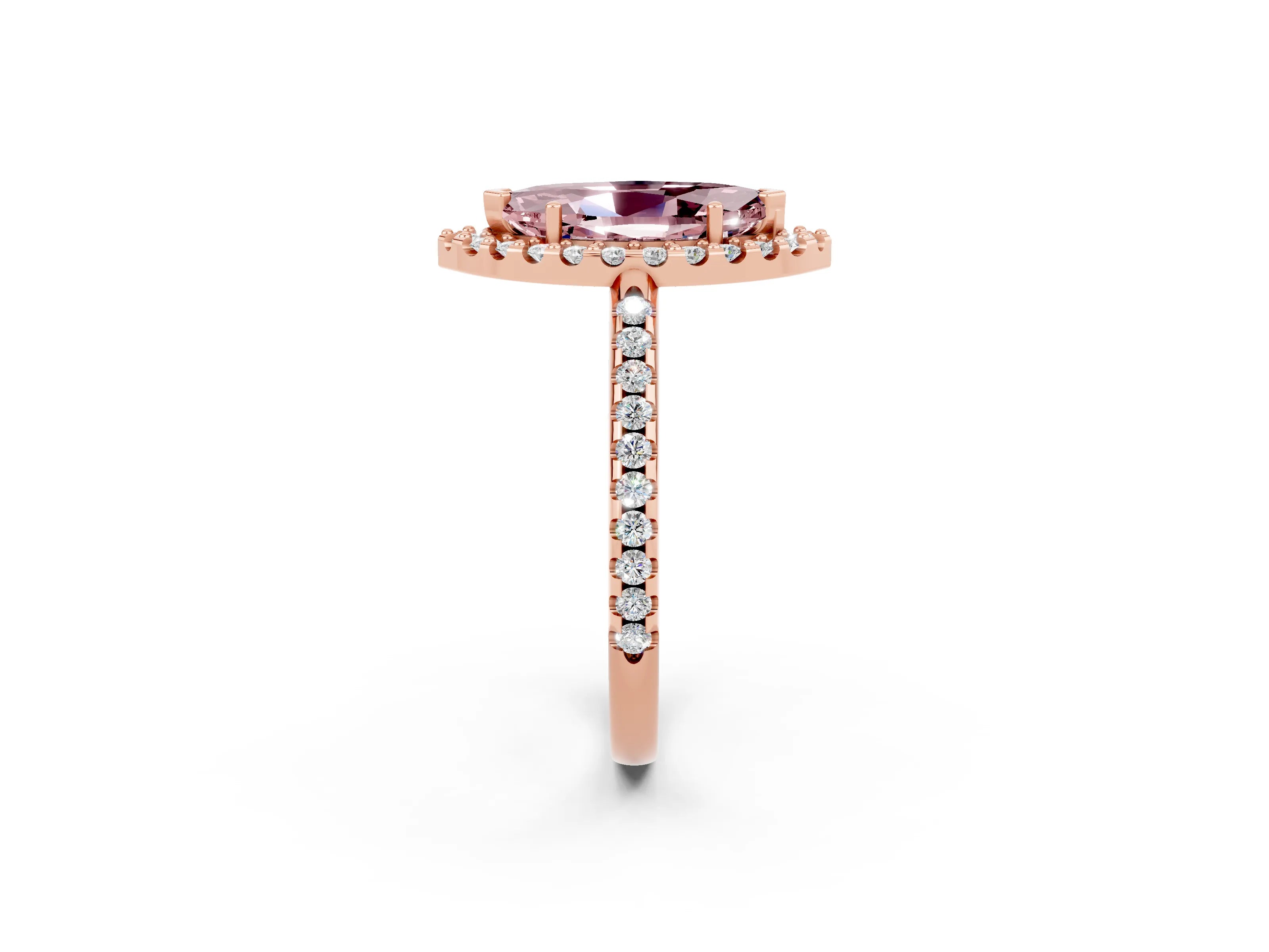 Rose gold Marquise Cut Morganite Pavé Halo Ring with Four-Prong Setting_14
