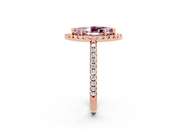Rose gold Marquise Cut Morganite Pavé Halo Ring with Four-Prong Setting