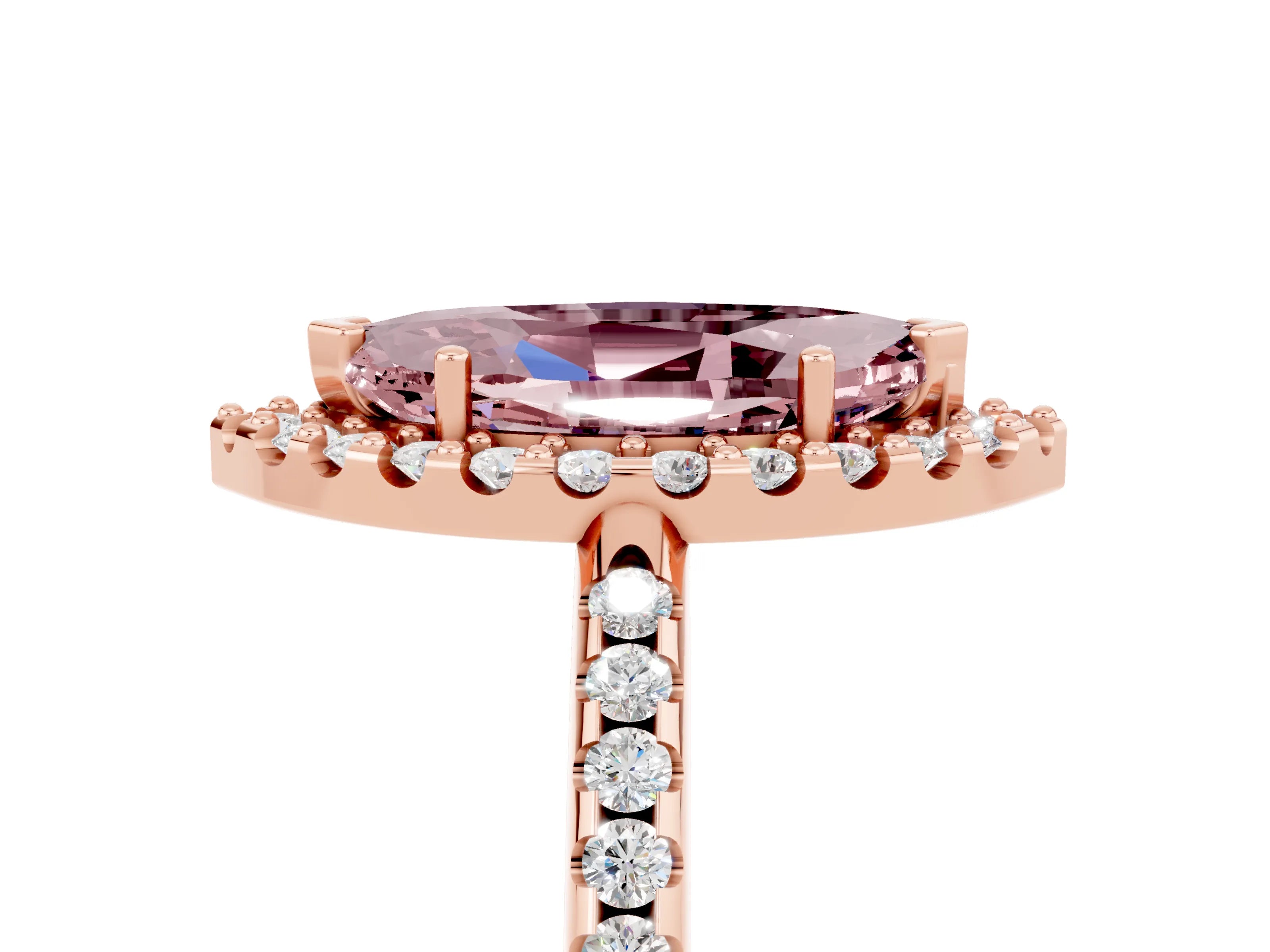 Rose gold Marquise Cut Morganite Pavé Halo Ring with Four-Prong Setting_17