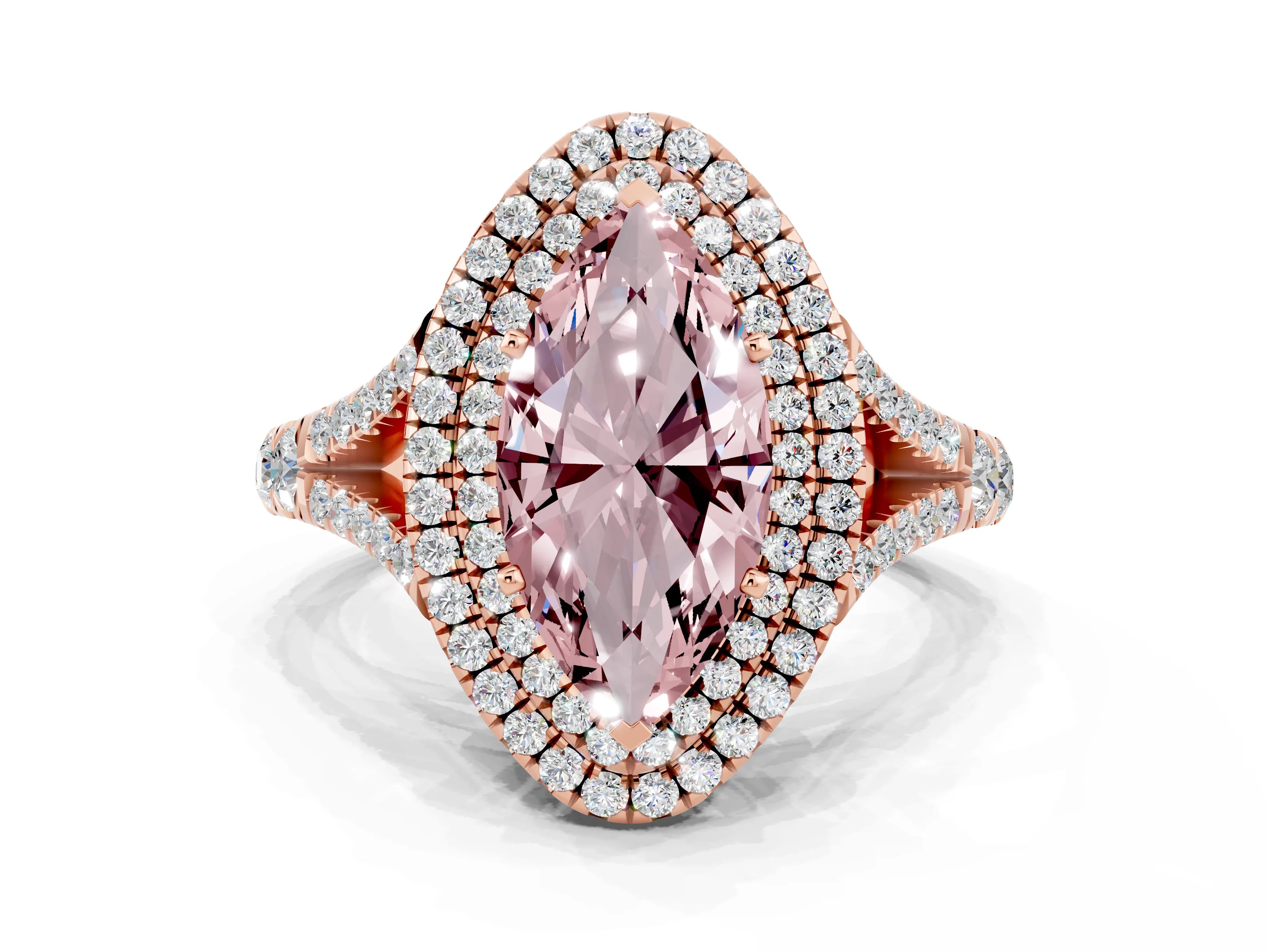 Rose gold Marquise Cut Morganite Pavé Split Shank Double Halo Engagement Ring