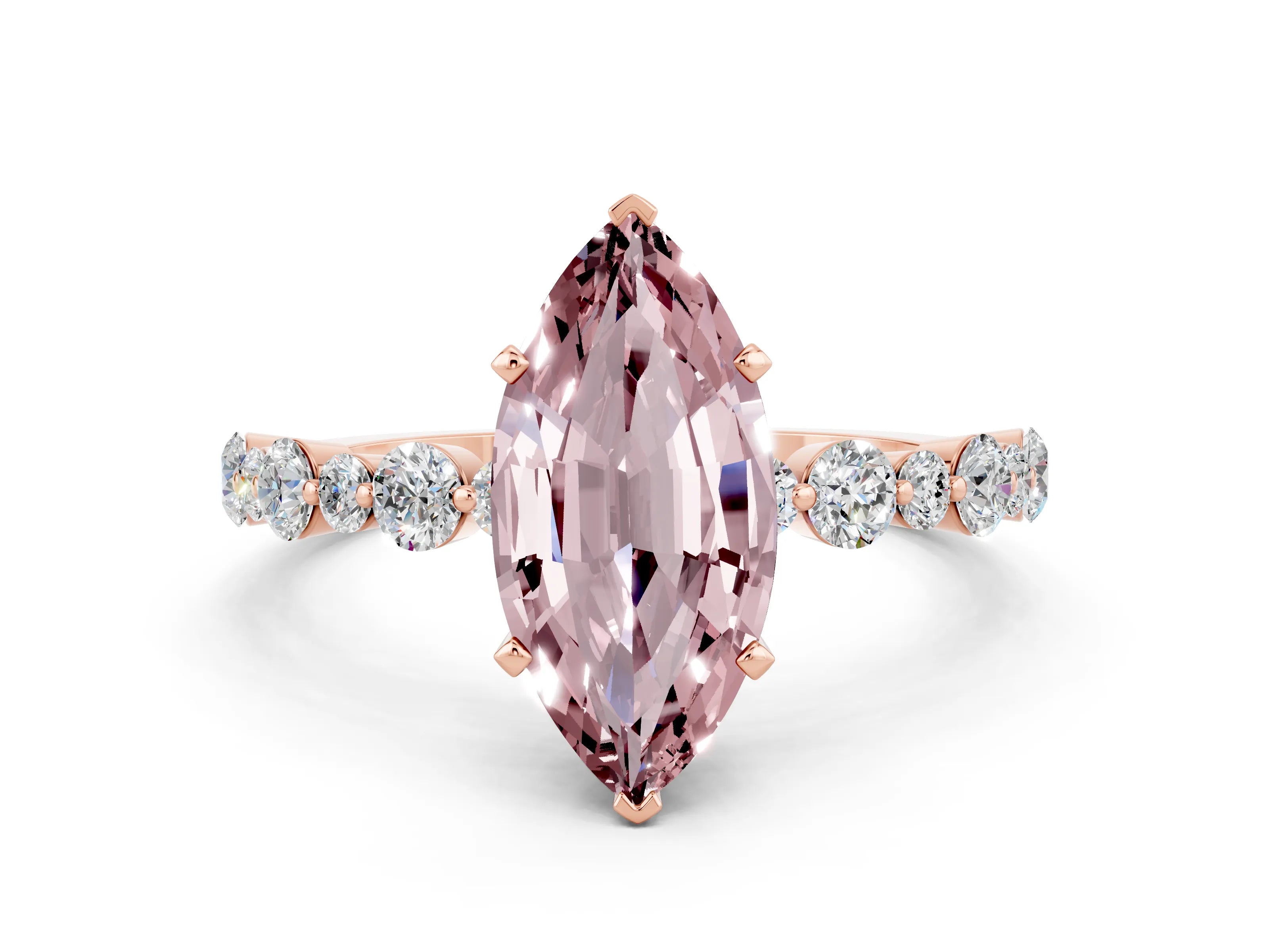 Rose gold Marquise Cut Morganite Prong Set Engagement Ring with Pavé Band