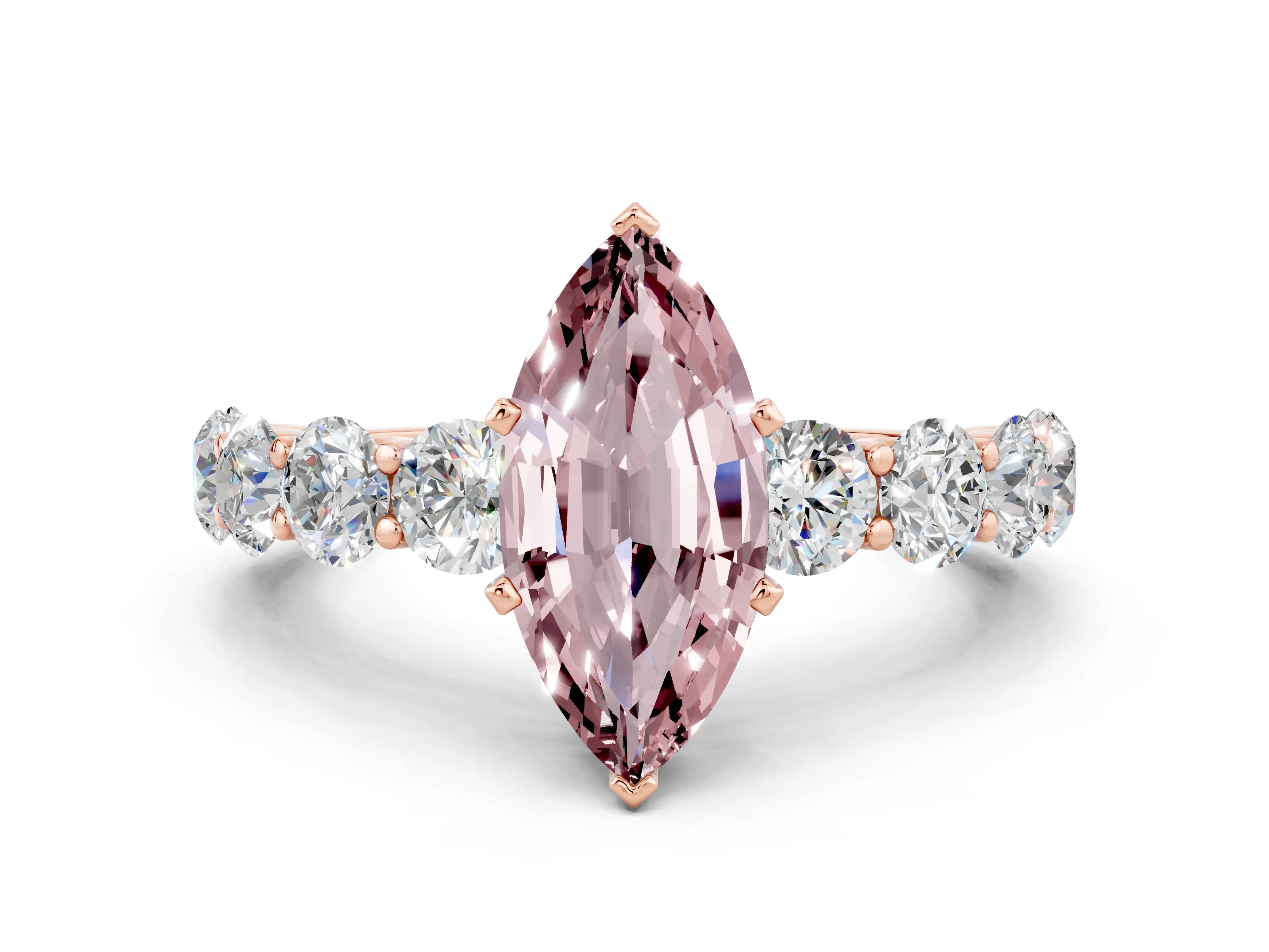 Rose gold Marquise Cut Morganite Prong Setting with Side Stones on a Pave Band