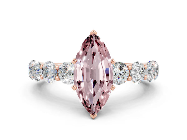 Rose gold Marquise Cut Morganite Prong Setting with Side Stones on a Pave Band