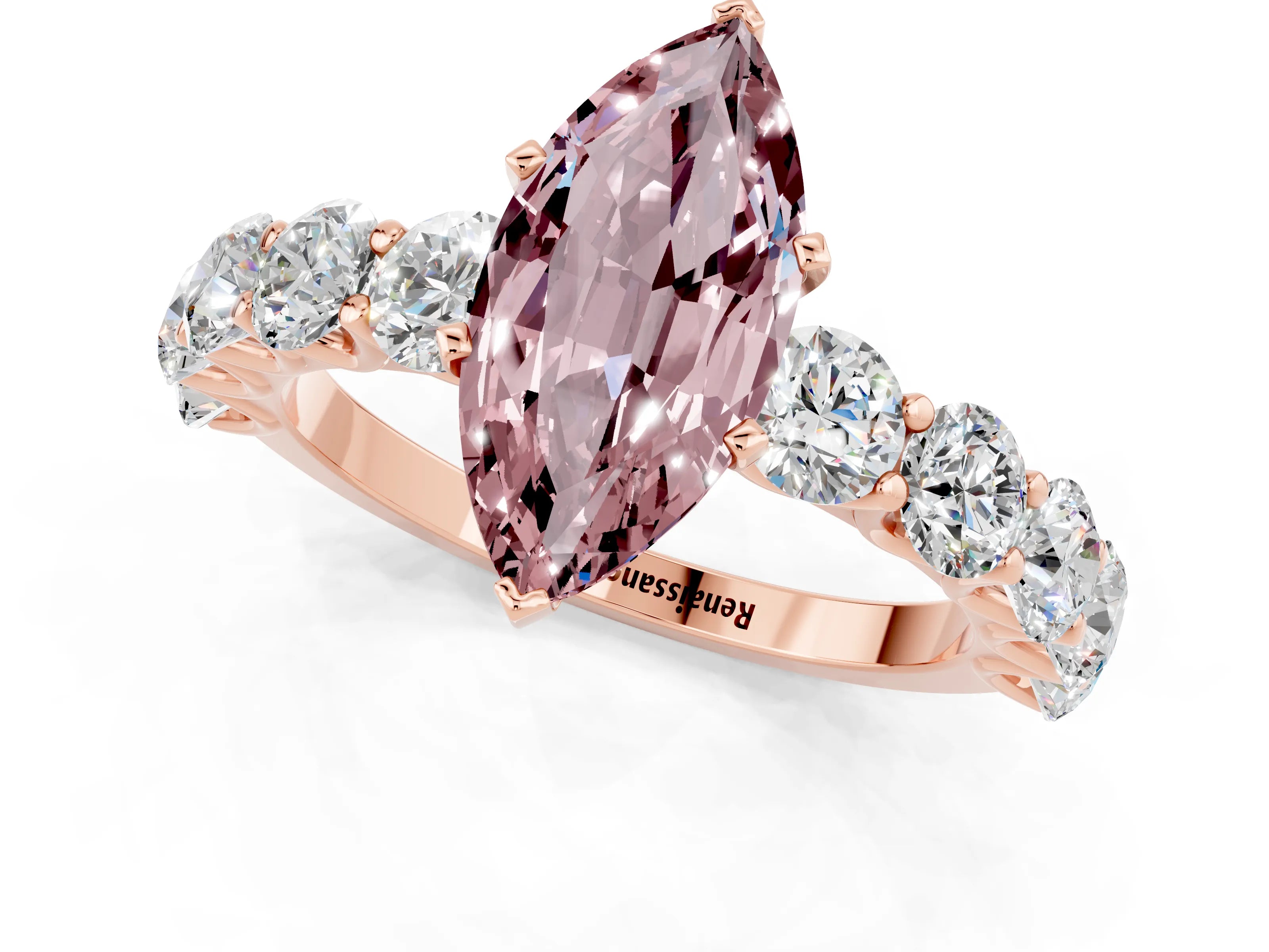 Rose gold Marquise Cut Morganite Prong Setting with Side Stones on a Pave Band_1