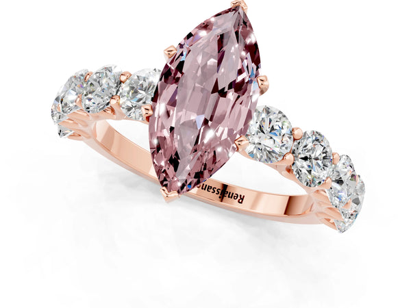 Rose gold Marquise Cut Morganite Prong Setting with Side Stones on a Pave Band