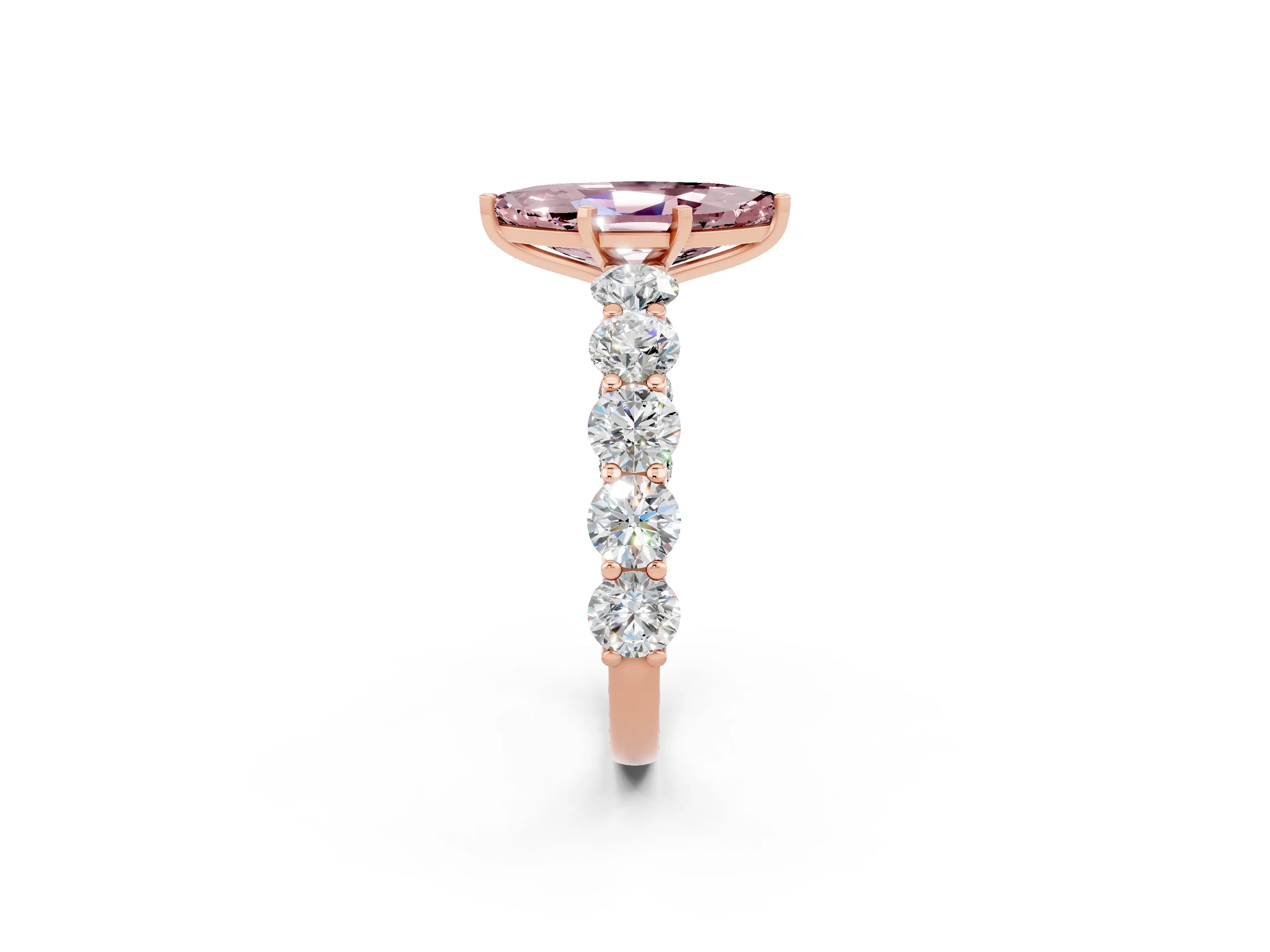 Rose gold Marquise Cut Morganite Prong Setting with Side Stones on a Pave Band_2