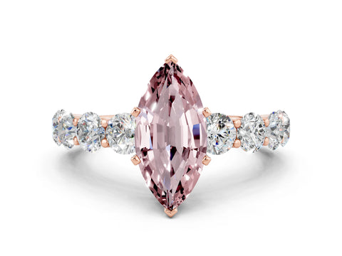 Rose gold Marquise Cut Morganite Prong Setting with Side Stones on a Pave Band