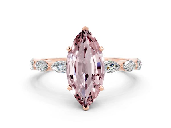Rose gold Marquise Cut Morganite Ring with Marquise Side Stones and Prong Setting