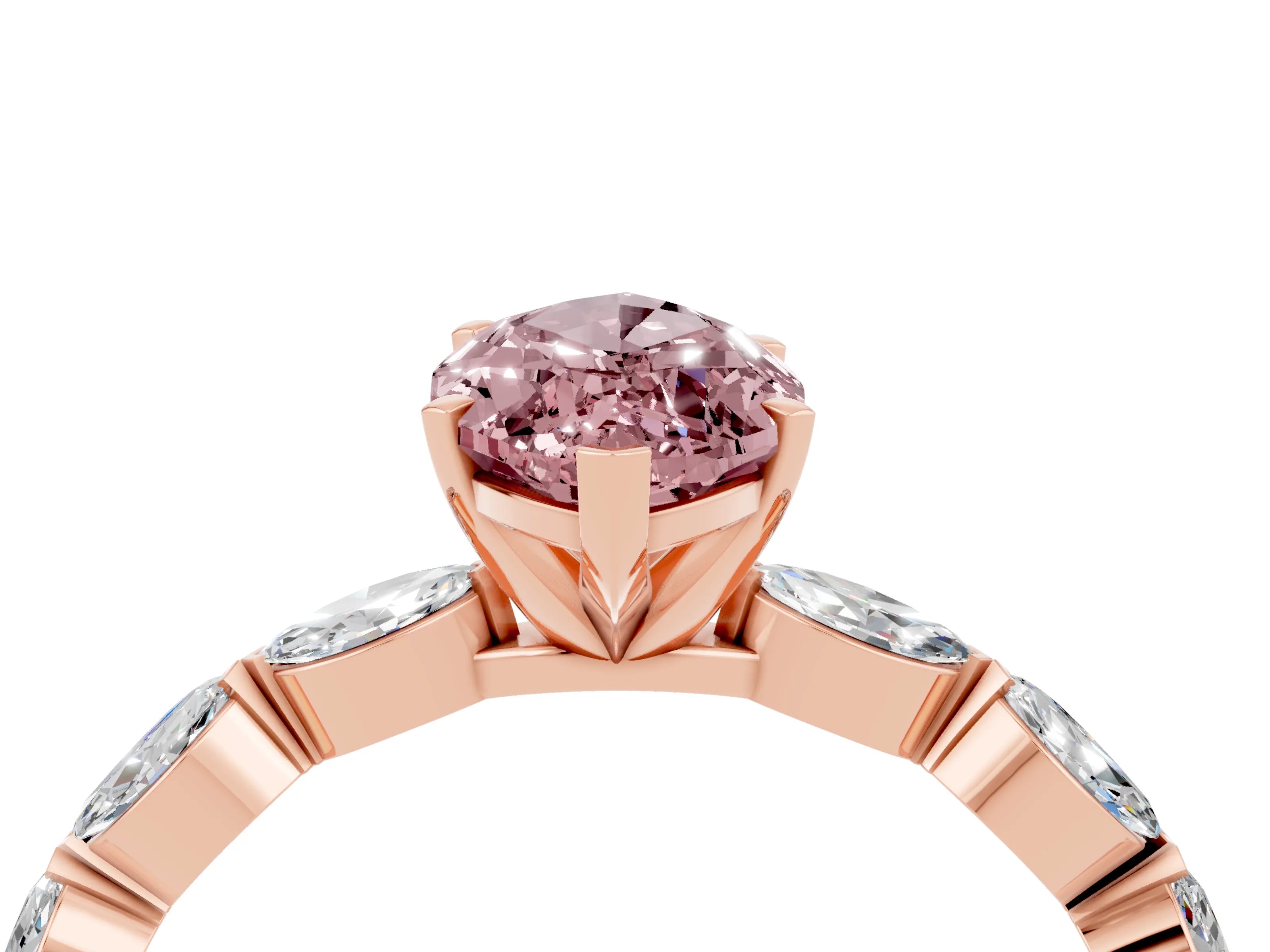 Rose gold Marquise Cut Morganite Ring with Marquise Side Stones and Prong Setting_4