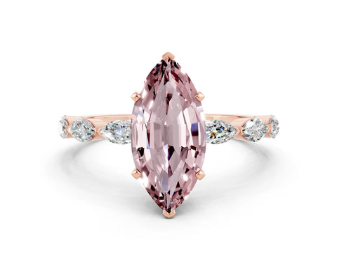 Rose gold Marquise Cut Morganite Ring with Marquise Side Stones and Prong Setting