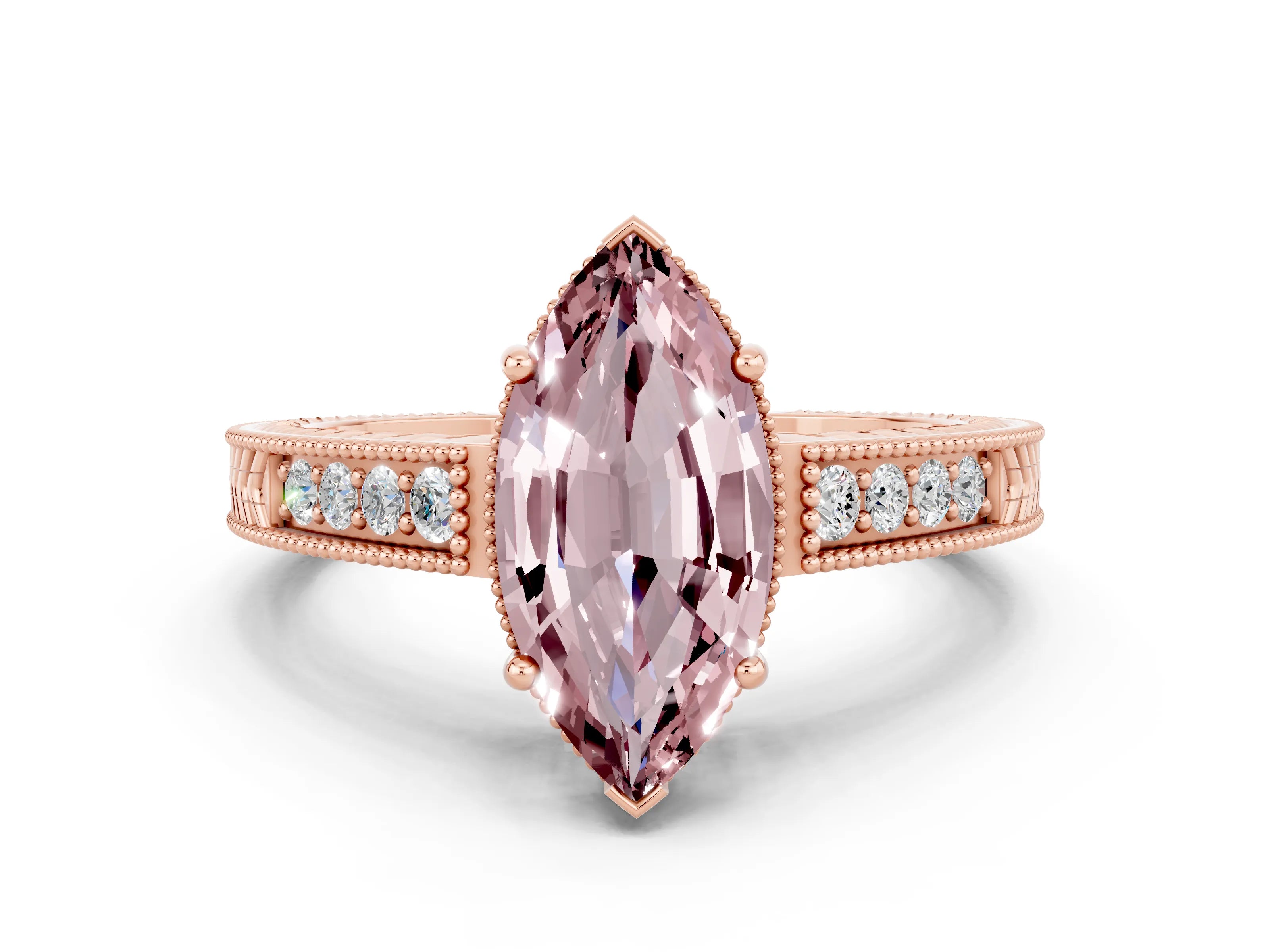 Rose gold Marquise Cut Morganite Ring with Milgrain Pavé Band and Four-Prong Setting_24