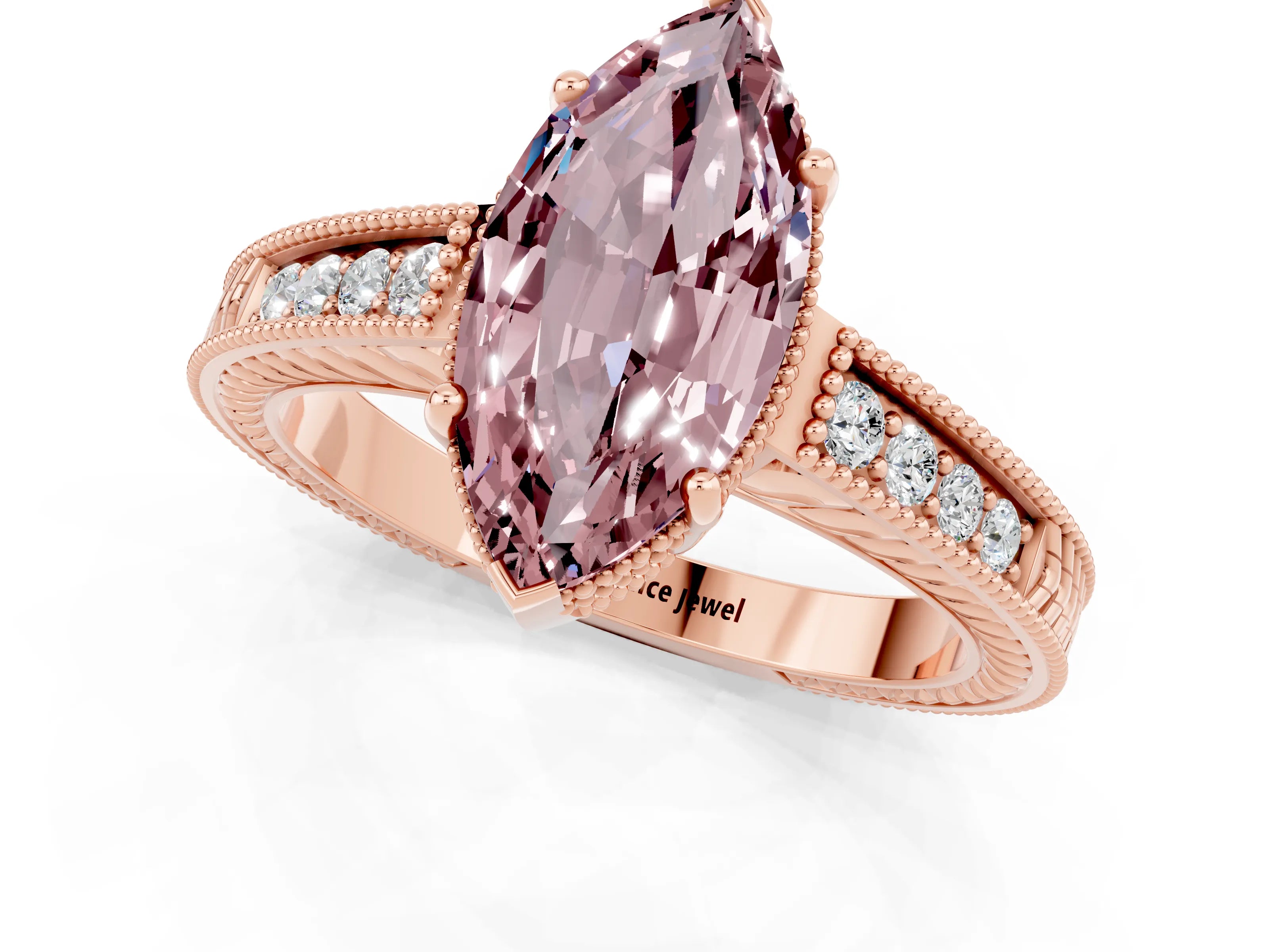 Rose gold Marquise Cut Morganite Ring with Milgrain Pavé Band and Four-Prong Setting_25