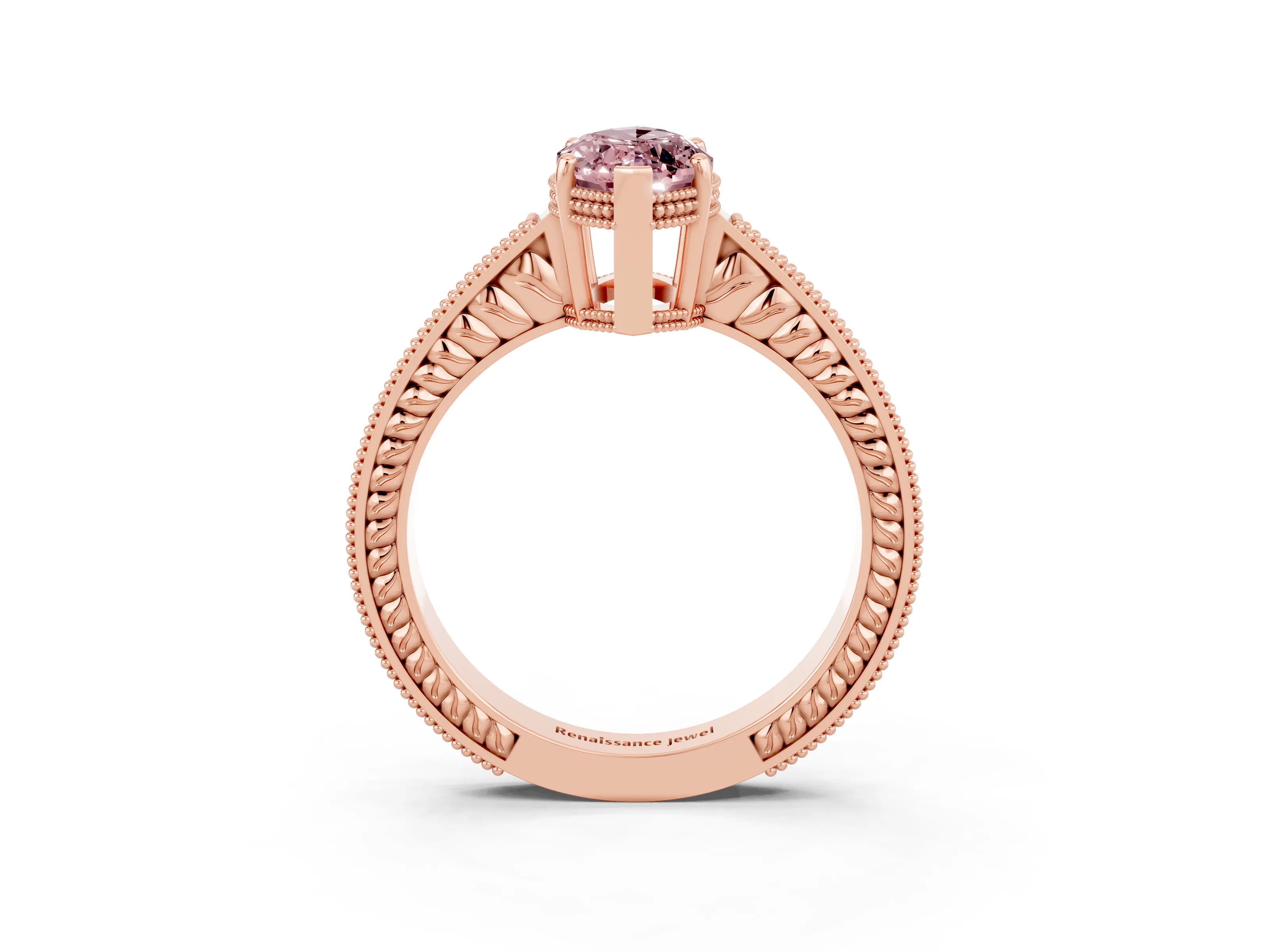 Rose gold Marquise Cut Morganite Ring with Milgrain Pavé Band and Four-Prong Setting_27