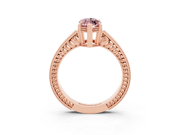 Rose gold Marquise Cut Morganite Ring with Milgrain Pavé Band and Four-Prong Setting