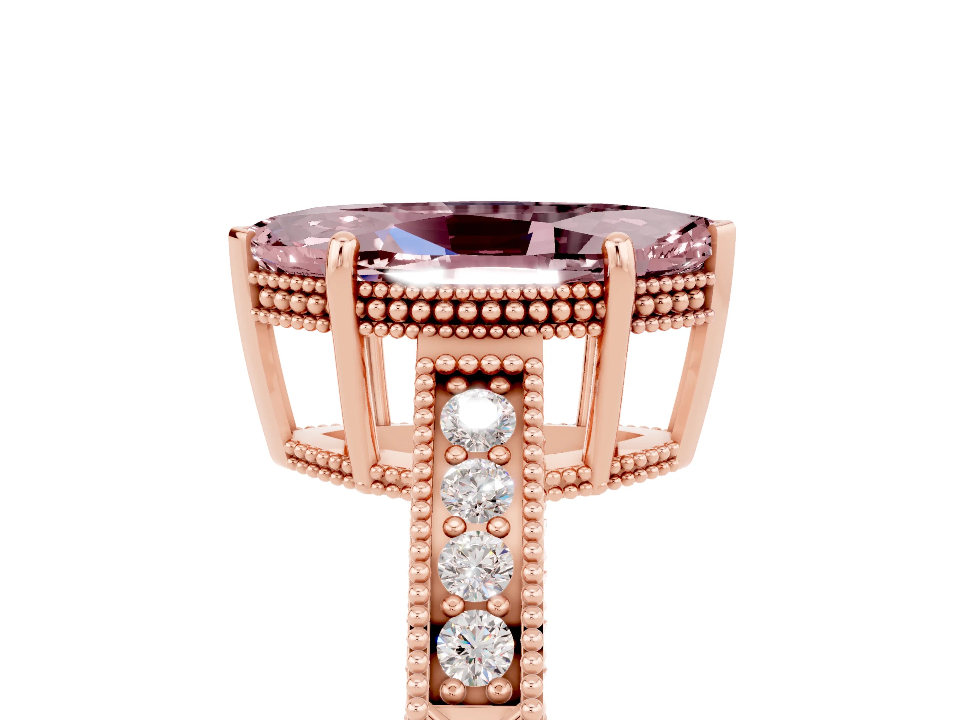 Rose gold Marquise Cut Morganite Ring with Milgrain Pavé Band and Four-Prong Setting_29
