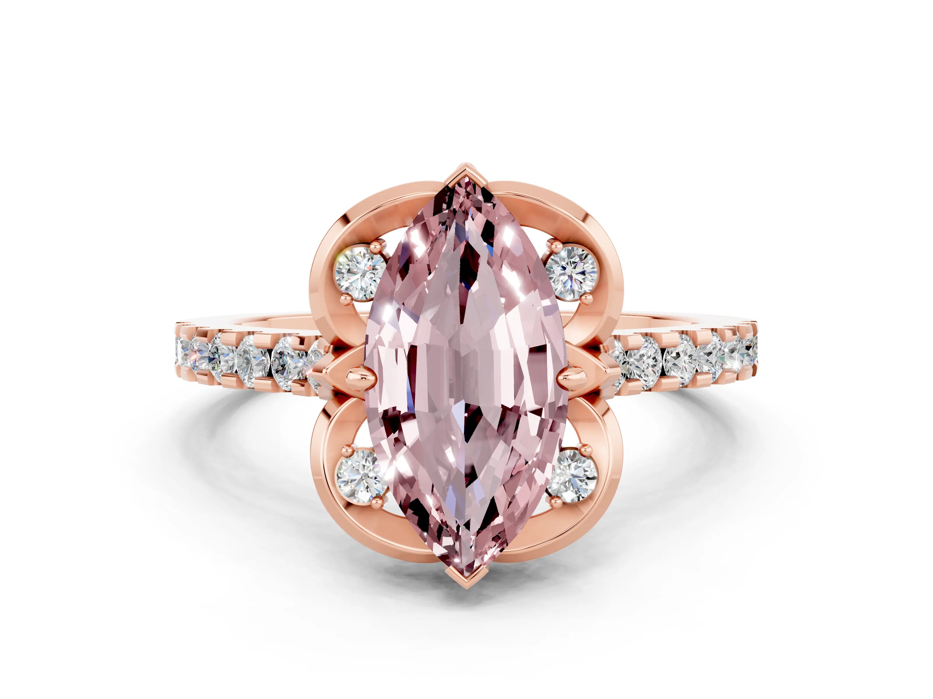 Rose gold Marquise Cut Morganite Ring with Pavé Band and Floral Prong Setting