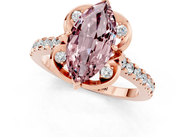 Rose gold Marquise Cut Morganite Ring with Pavé Band and Floral Prong Setting